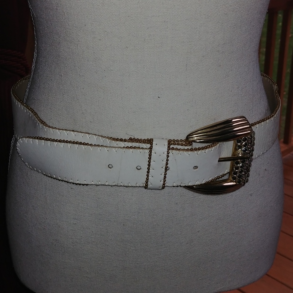 Vintage white leather brass and crystals buckle